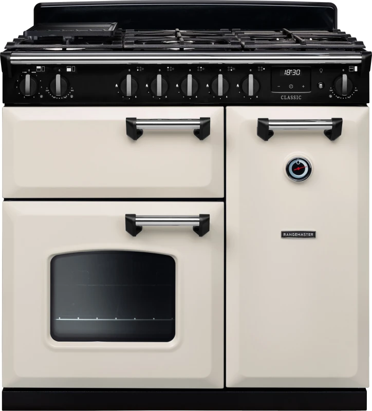 Image of Rangemaster Classic CL90DFPPCR/CM1 90cm wide Dual Fuel Range Cooker with Gas Hob - Cream / Chrome - A/A Rated