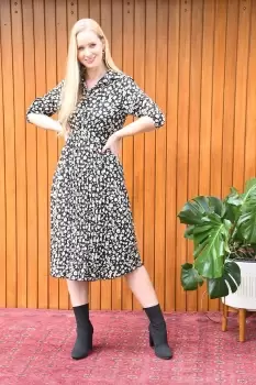 Image of Black Ditsy Daisy Pleated Midi Dress With Gold Buckle Belt