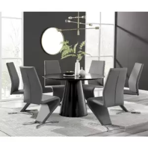 Image of Palma Black Semi Gloss Round Dining Table & 6 Grey Willow Chairs