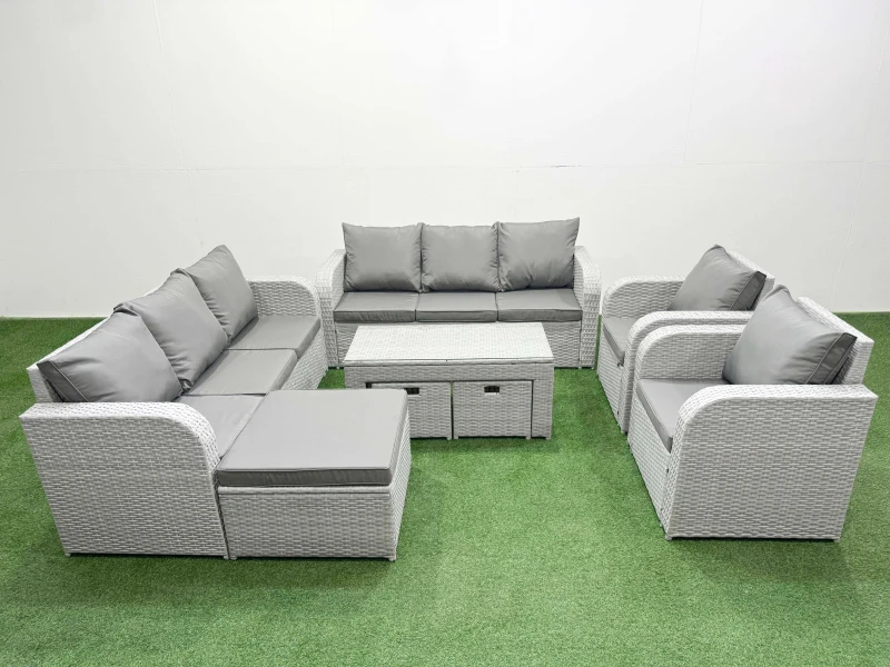 Image of Fimous PE Rattan High Back Lounge Sofa Set Patio Oblong Coffee Table & Chairs Set with 3 Seater Sofa Reclining Chair 3 Stools Light Grey Light Grey