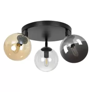 Image of Tofi Black Globe Ceiling Light with Clear, Graphite, Amber Glass Shades, 3x E14