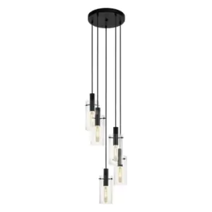 Image of Pendant 5 Bulb Ceiling Light Colour Black Shade Clear Glass Bulb E27 5x60W