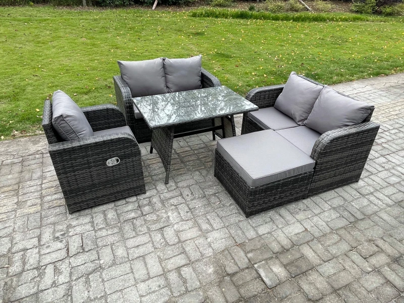 Image of Fimous Outdoor Garden Dining Sets Rattan Furniture With Dining Table Armchairs Love Sofa Big Footstool Dark Grey Mixed Dark Grey