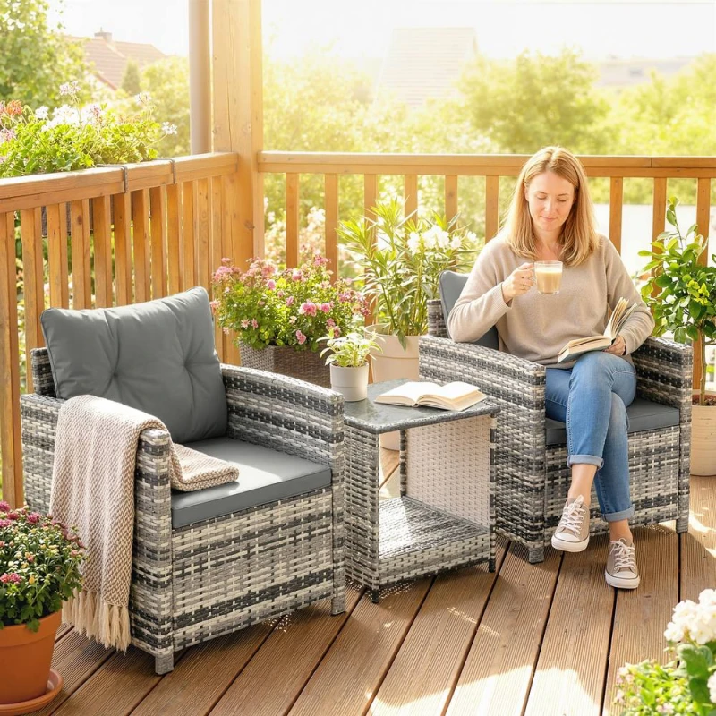 Image of OUTSUNNY Rattan Garden Furniture Bistro Set with Cushion in Grey Grey Unisex
