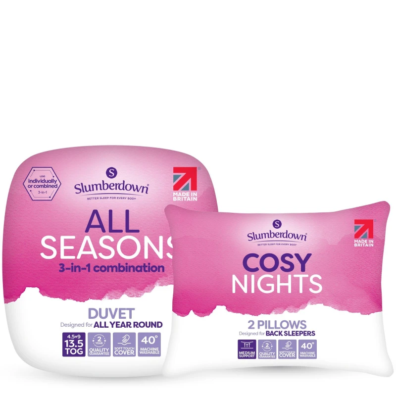 Image of Slumberdown Cosy Nights 15 Tog All Seasons Duvet + 2 Pillows 13.5 Tog All Se unisex Single