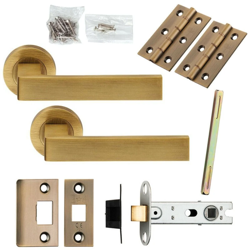 Image of Loops Door Handle & Latch Pack Antique Brass Square Lever Screwless Round Rose Metallics