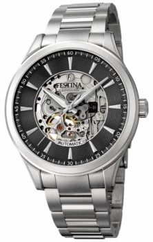Image of Festina Mens Automatic Skeleton Steel Bracelet Black Watch