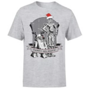 Image of Star Wars Christmas Happy Holidays Droids Grey T-Shirt - M