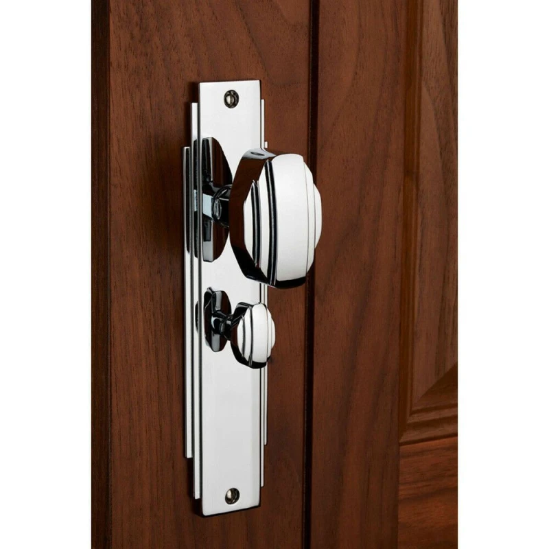 Image of Loops PAIR Line Detailed Door Knob on Bathroom Backplate 205 x 45mm Polished Chrome Multi