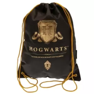 Image of Harry Potter Hogwarts Crest Drawstring Bag (40cm x 30cm) (Black/Gold)
