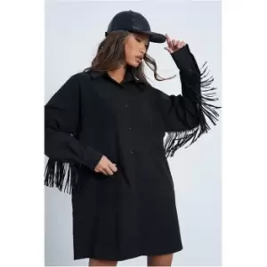 Image of I Saw It First Black Woven Fringe Sleeve Detail Shirt Dress - Black