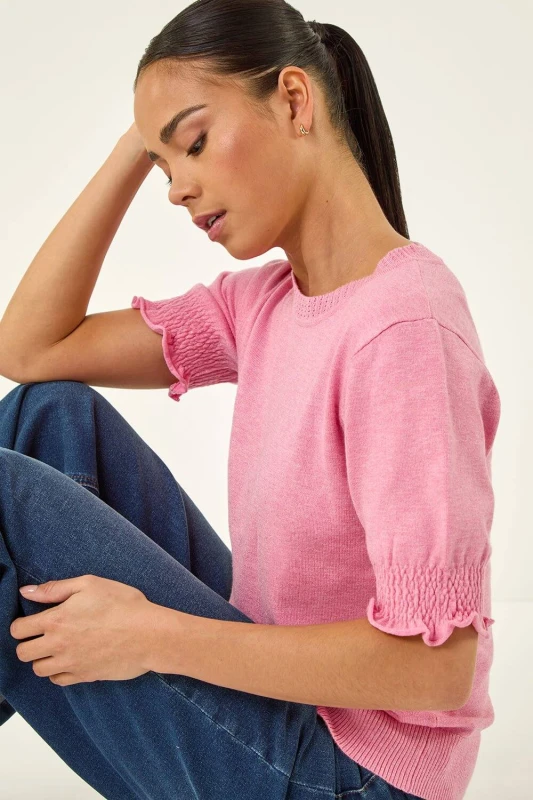 Image of Roman Womens Petite Shirred Sleeve Knit Top in Light Pink Size: 14 Light Pink Female 14