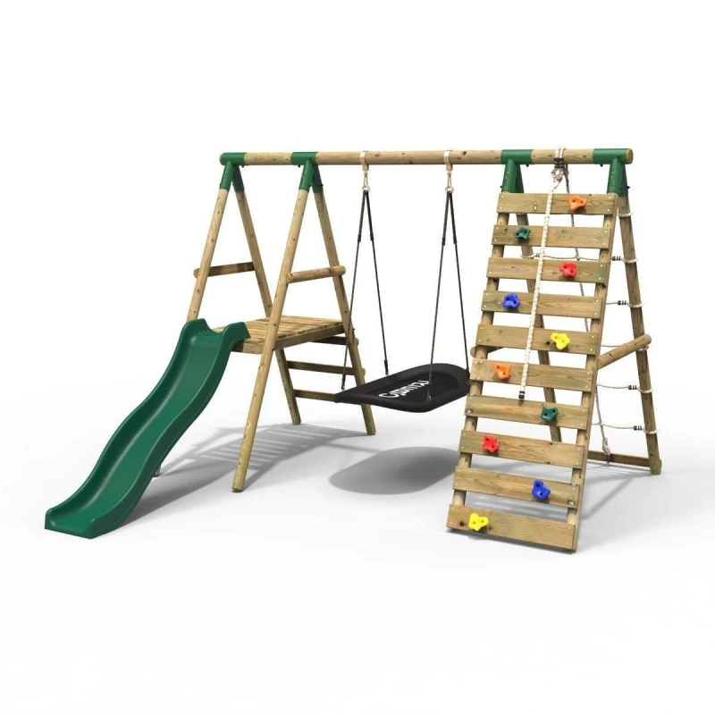 Image of Rebo Wooden Swing Set with Boat Swing, Slide and Climbing Wall - Onyx Green Green