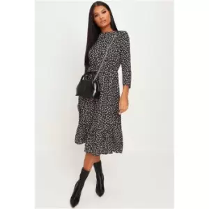 Image of I Saw It First Black Woven Leopard Print Frill Hem Smock Midi Dress - Black