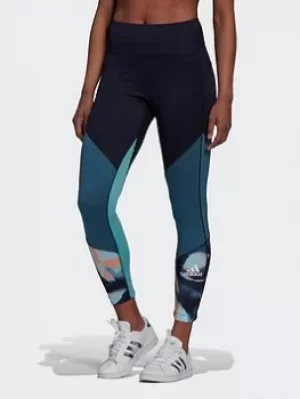 Image of adidas Feelbrilliant Aeroready You For You 7/8 Printed Sport Tights, Blue/Purple, Size XL, Women