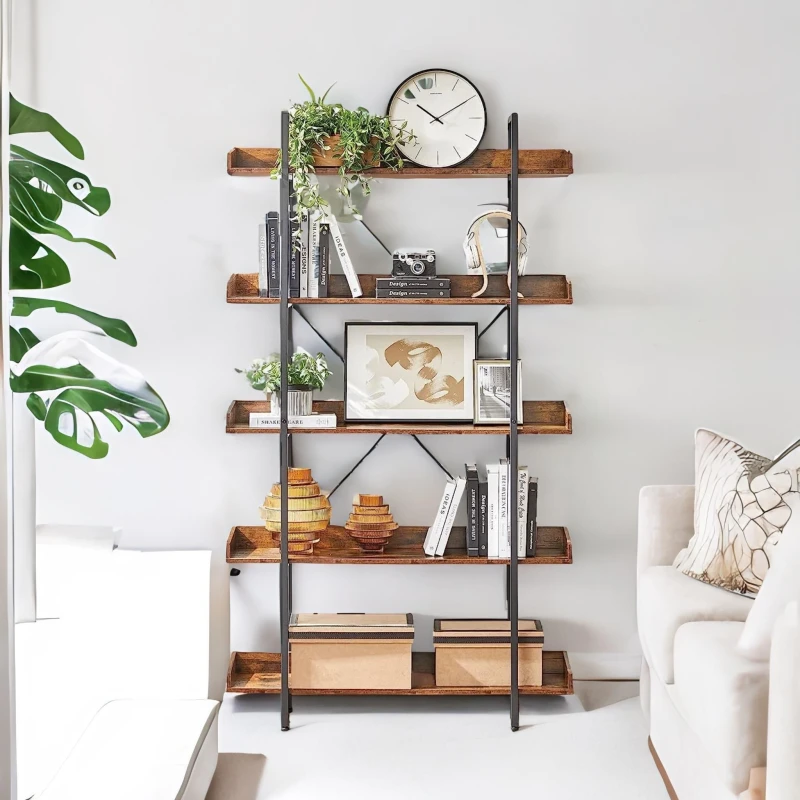 Image of Rafaelo Mobilia 178CM Tall Industrial 5 Tier Rustic Brown Bookcase Brown Unisex