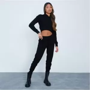 Image of I Saw It First Cropped Knitted Hoodie And Jogger Set - Black
