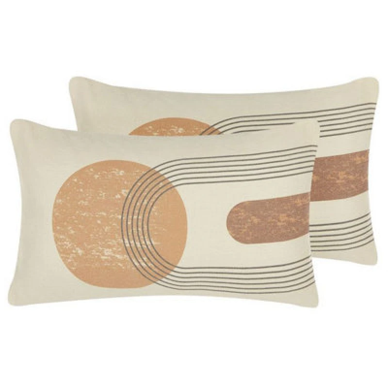 Image of Beliani Set Of 2 Decorative Cushions Nasturtium 30 X 50 Cm Beige Geometric Pattern
