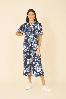 Image of Navy Rose Print Jumpsuit With Angel Sleeves