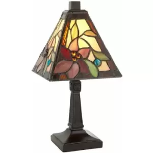 Image of Tiffany Glass Mini Table Lamp Light Dark Bronze & Red Flower Square Shade i00213