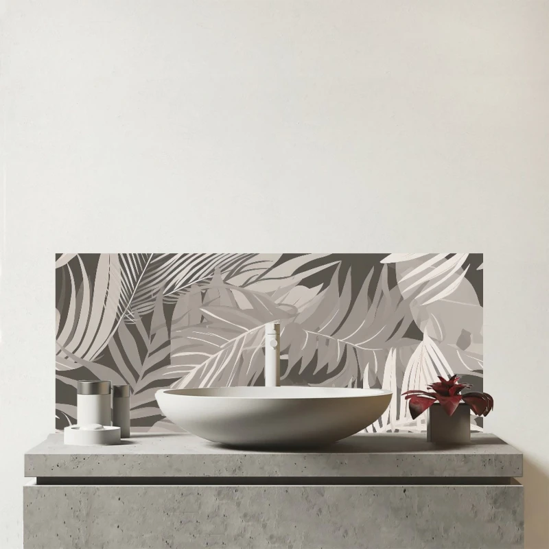 Image of Warren Reed - Designer Grey Brown Tropical Leaves Glass Bathroom Splashback Grey Unisex