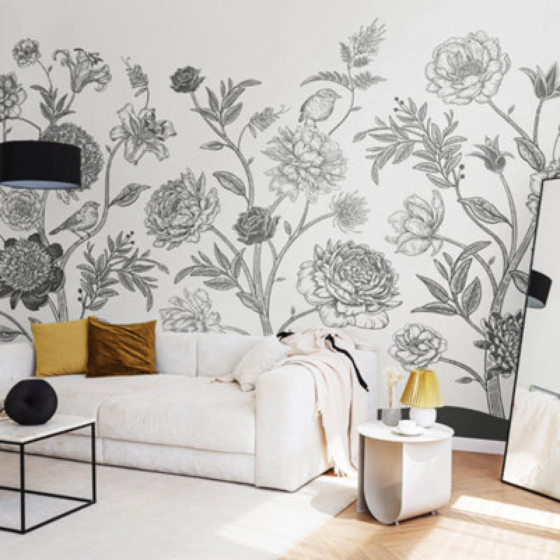 Image of Origin Murals Jacobean Rose Trail - Black And White Matt Smooth Paste The Wall Mural 350Cm Wide X 280Cm High