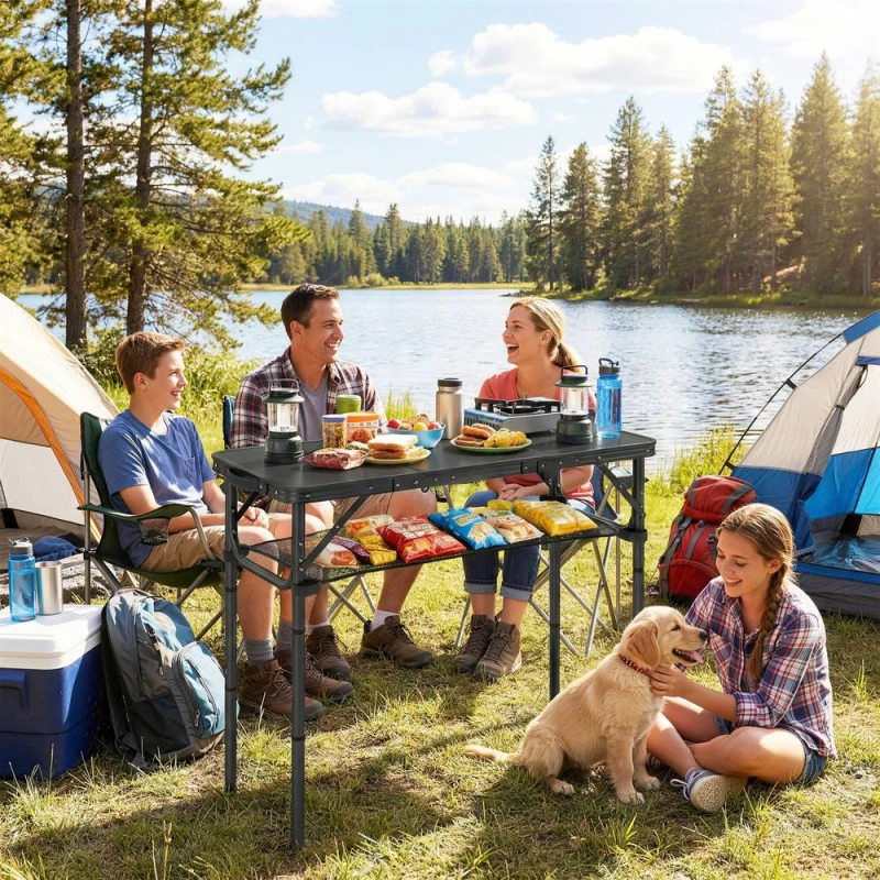 Image of OUTSUNNY 3ft Folding Camping Table, Picnic Table with Storage Layer in Black Unisex