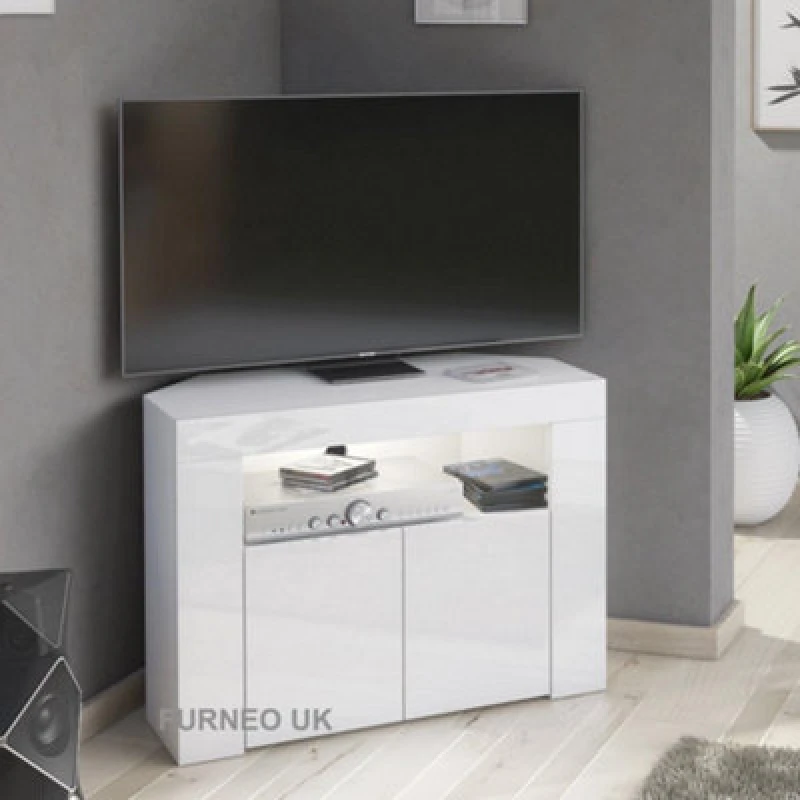Image of Furneo Corner TV Stand Unit Cabinet Matt & High Gloss Clifton 07 White LED Lights