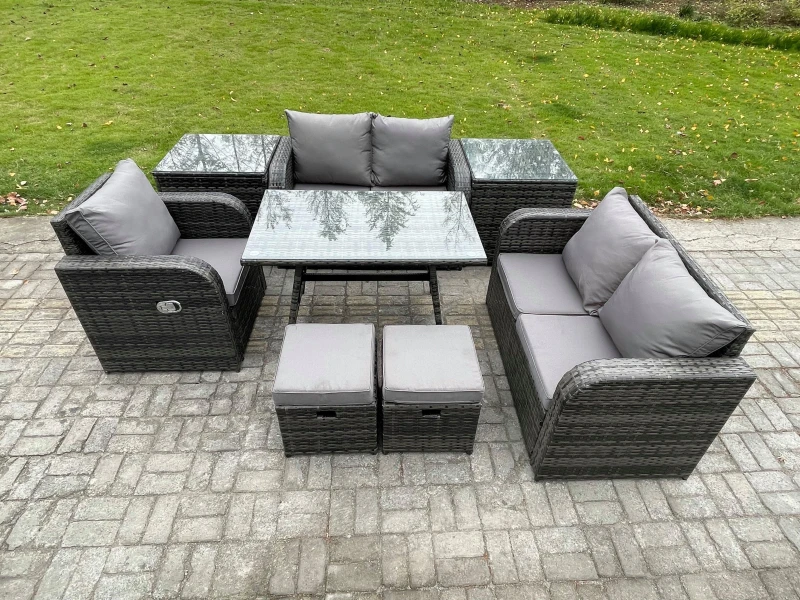 Image of Fimous 7 Seater Outdoor Garden Dining Sets Rattan Furniture With Dining Table Armchairs Love Sofa 2 Small Footstools 2 Side Tables Dark Grey Mixed Dar