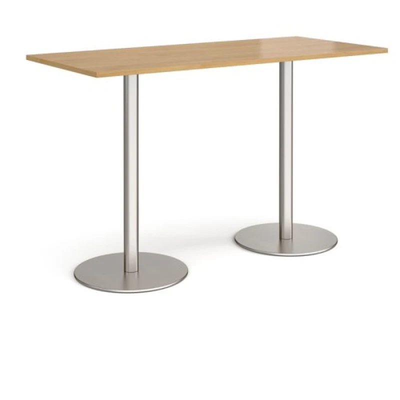 Image of Monza Rectangular Cafe and Bistro Poseur Table with Flat Round Brushed Steel Base - Top 1800mm x 800mm - Oak