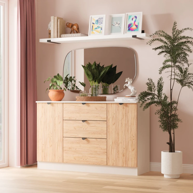 Image of Welcome Furniture Ltd Bora 2 Door 3 Drawer Sideboard in Gold Craft Oak & Kashmir - Ready Assembled, Cream BOP206GCKM