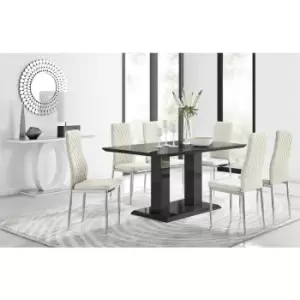 Image of Furniturebox Imperia 6 High Gloss Black Modern Dining Table and 6 Cream Milan Faux Leather Dining Chairs With Silver Legs Diamond Stitch Modern