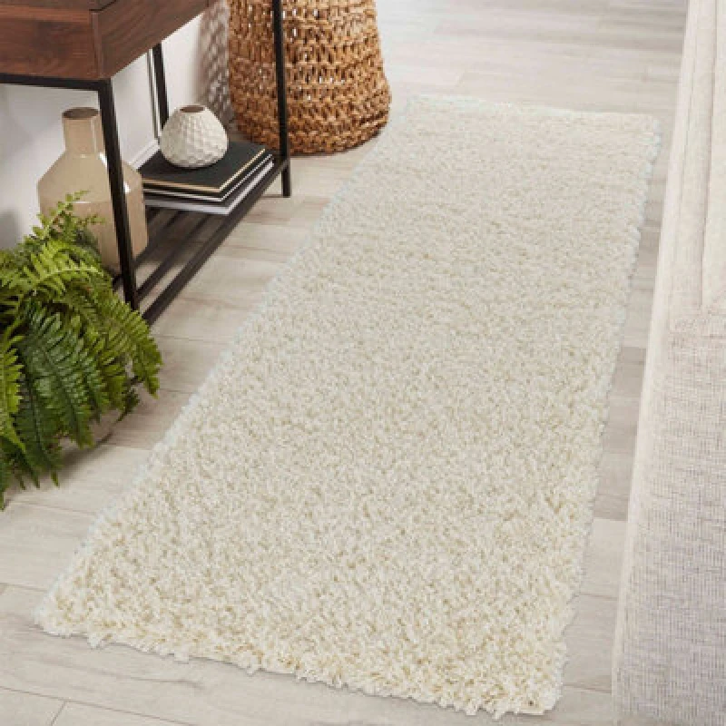 Image of Desire Rugs Plain Living Room Shaggy Area Rugs Ivory Runner 60X220 Cm
