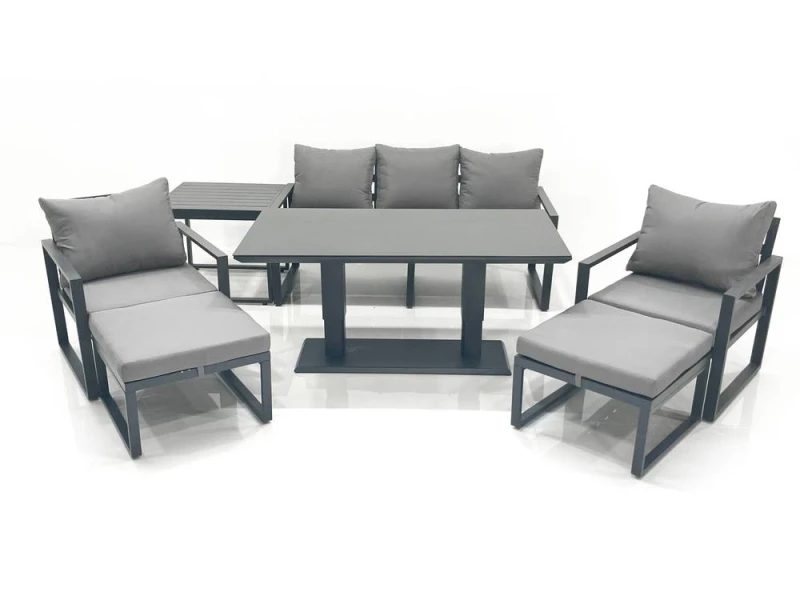 Image of Fimous Outdoor Aluminium Garden Furniture Set with Adjustable Rising Lifting Dining Table 3 Seater Sofa 2 Chair 2 Big Footstools Side Table Dark Grey