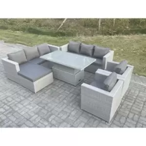 Image of Fimous 8 Seater Outdoor Rattan Dining Sofa Complete Set with Adjustable Table and Big Footstool
