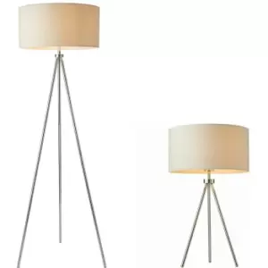 Image of Standing Floor & Table Lamp Set Chrome Plate Ivory Shade Sleek Tripod Leg Light