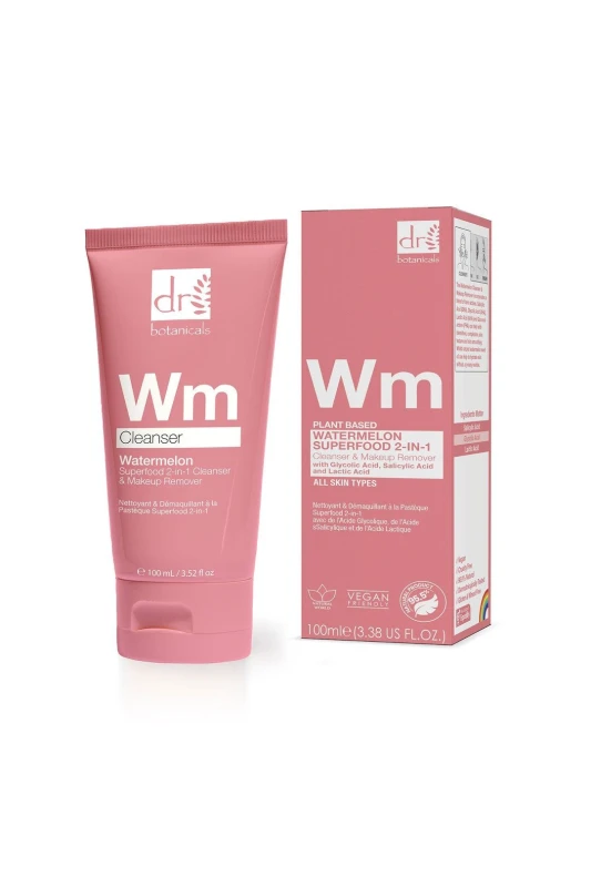 Image of Dr. Botanicals Watermelon Superfood 2-in-1 Cleanser & Makeup Remover with Glycolic Acid, Salicylic Acid & Lactic Acid 100ml White female