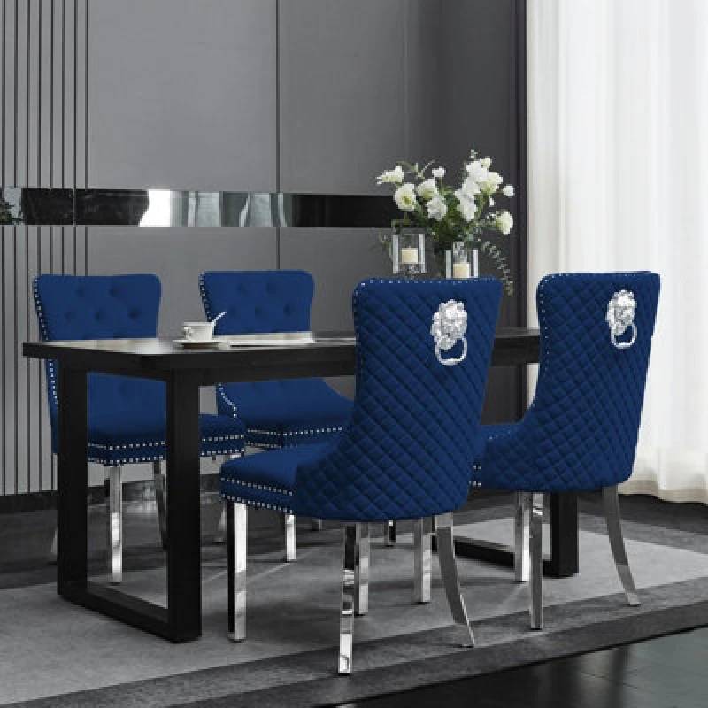 Image of Groundlevel Set Of 2 Plush Velvet Dining Chairs with Lion Head Knocker in Navy Navy Unisex