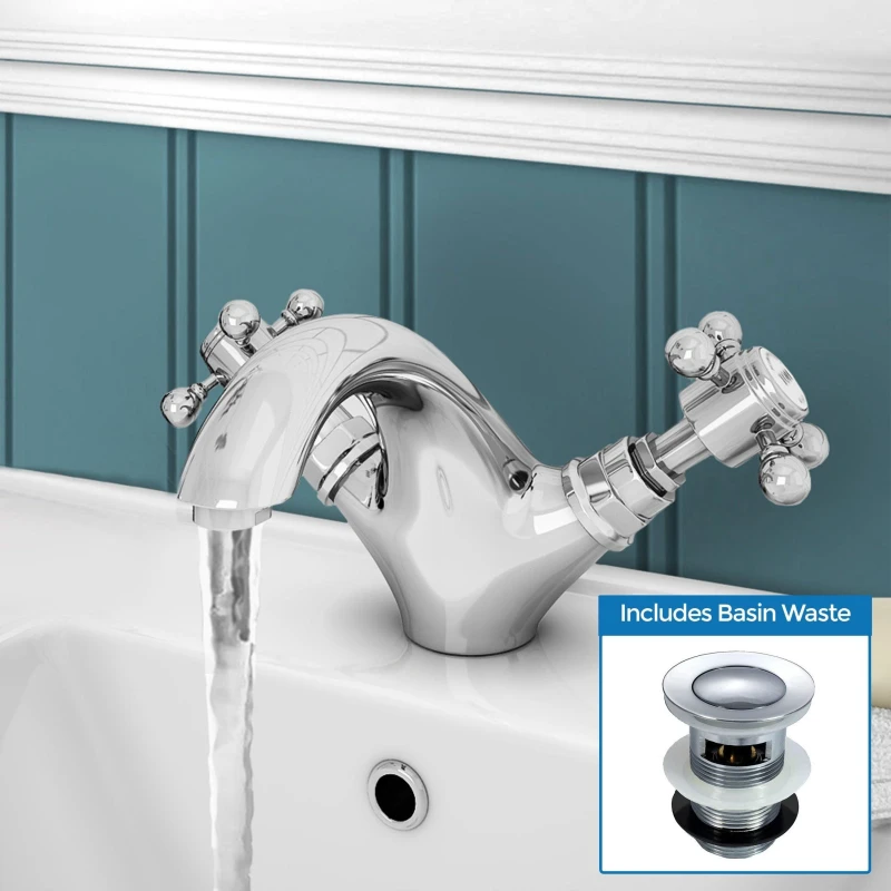 Image of NES HOME Nes Home - Churchill Traditional Chrome Basin Sink Mixer Tap & Waste 6302+WST