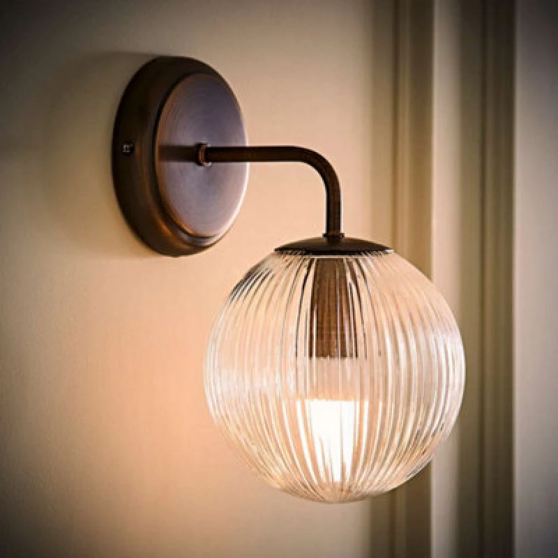 Image of ValueLights ValueLights Kempton Ribbed Glass Globe Shade Single Arm Wall Light with Bulb in Bronze Bronze One Size Unisex 5059406071256