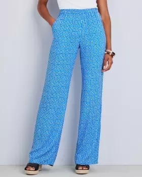 Image of Cotton Traders Womens Sienna Printed Pull-On Wide-Leg Trousers in Blue