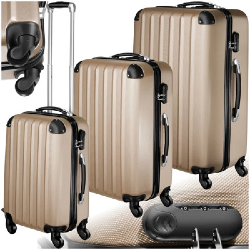 Image of Tectake Suitcase Set - 3 Hard-Shell Suitcases With Telescopic Handle, Swivel Wheels - Champagne