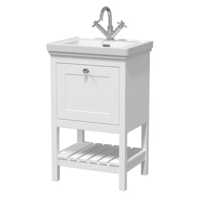 Image of Old London Bexley Floor Standing 1 Drawer Vanity & 1 Tap Hole Fireclay Basin, Stylish Vanity Unit With Basin, Pure White
