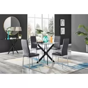 Image of Furniture Box Novara Black Leg Round Glass Dining Table and 4 Grey Velvet Milan Chairs