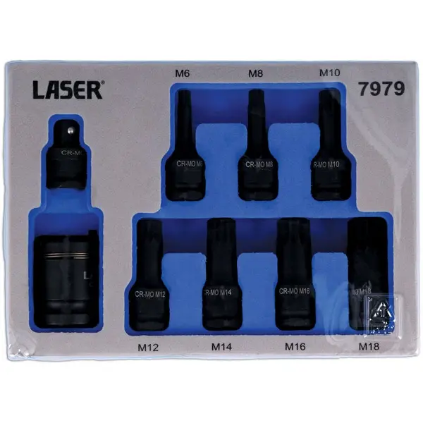 Image of LASER TOOLS Laser Tools Dual Drive Spline Impact Bit Socket Set 9pc In A EVA Foam Tray 7979 5018341079796