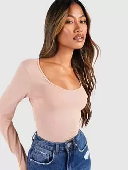 Image of Boohoo Long Sleeve Scoop Neck Bodysuit - Camel, Brown, Size 8, Women
