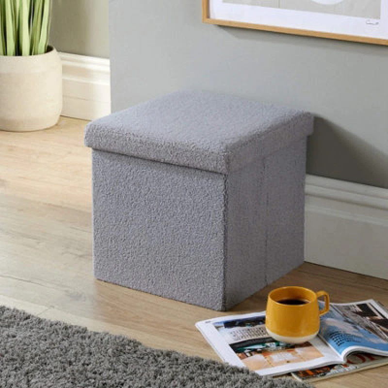 Image of Home Source Teddy Fur Square Folding Storage Ottoman Grey