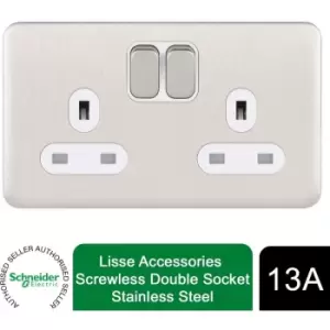 Image of Schneider Electric Lisse Screwless Deco - Switched Double Power Socket, 13A, GGBL3020WSS, Stainless Steel with White Insert