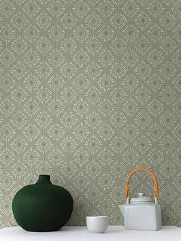 Image of HOLDEN DECOR Holden Decor - Indian Sunburst Sage Wallpaper Metallic Silver Effect Feature Wall WL-13840