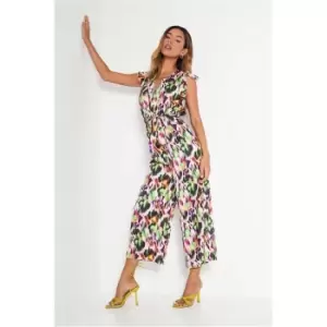 Image of I Saw It First Pink Satin Floral Print Frill Sleeve Plunger Tie Waist Culotte Jumpsuit - Pink